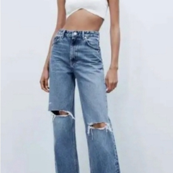 Zara Denim - Zara straight leg high rise jeans with distressing women’s 2 NWT
